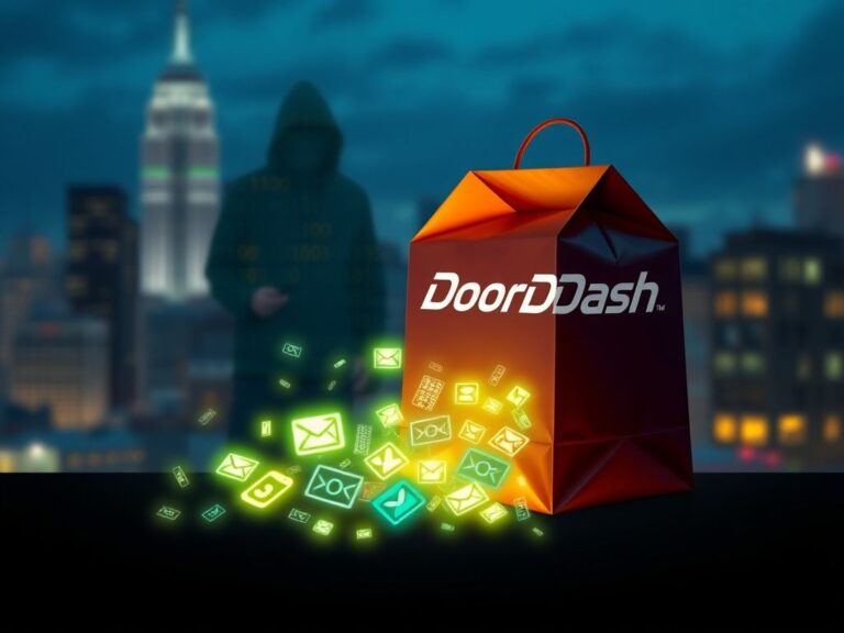 Flick International Digital art of a DoorDash delivery bag spilling contact information symbols amidst a blurred city skyline at night