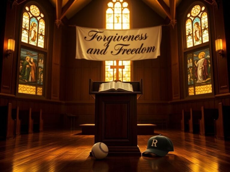 Flick International Dimly lit church interior with a pulpit and baseball memorabilia
