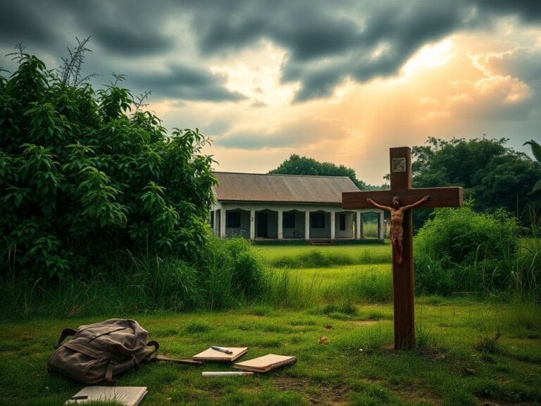 Flick International Abandoned St. Mary's Catholic School in Niger State, Nigeria, with scattered school supplies and a wooden crucifix
