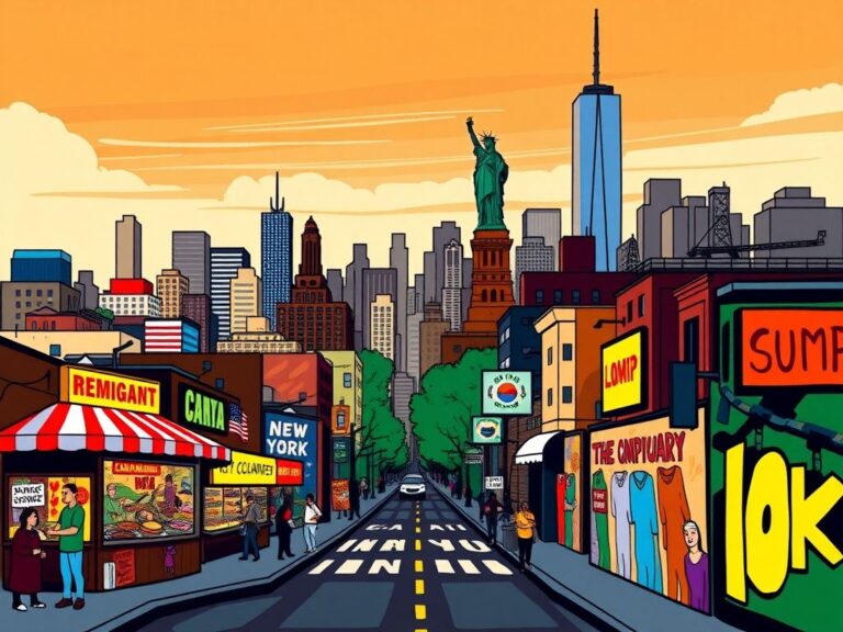 Flick International Vibrant New York City skyline with diverse street vendors and community murals