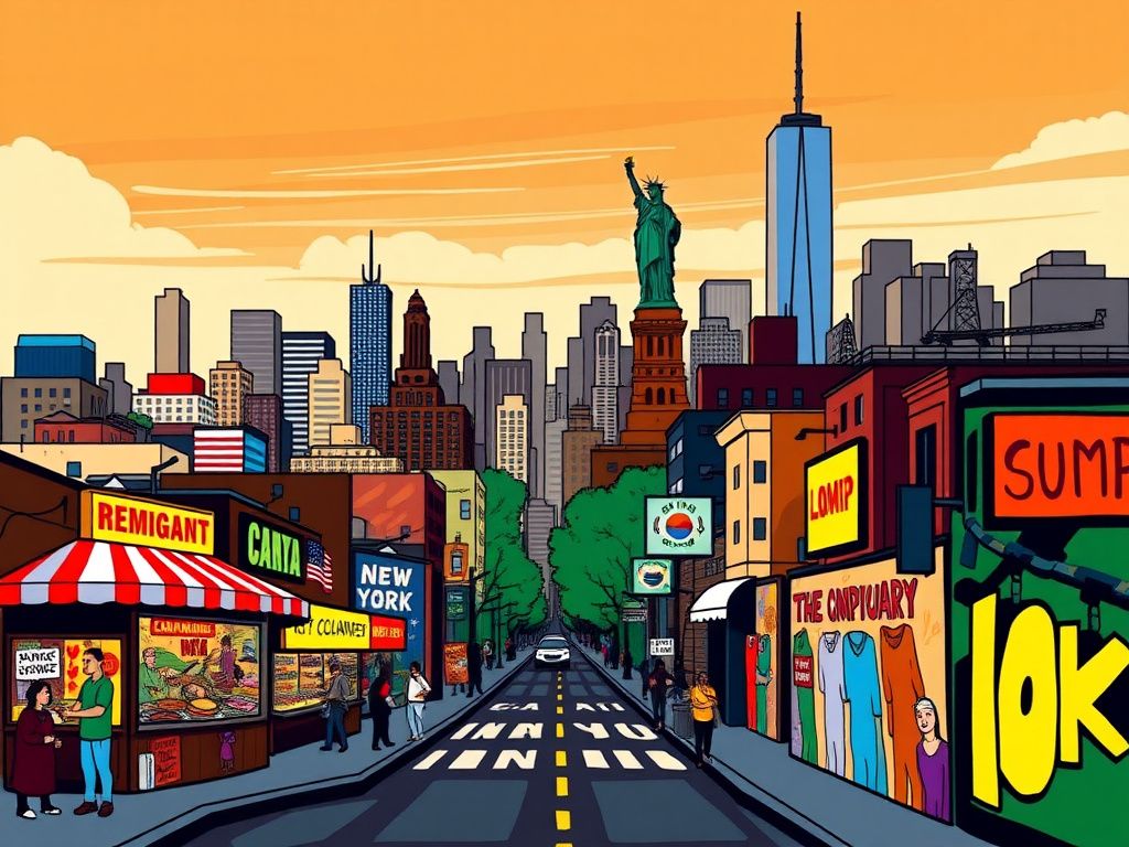 Flick International Vibrant New York City skyline with diverse street vendors and community murals