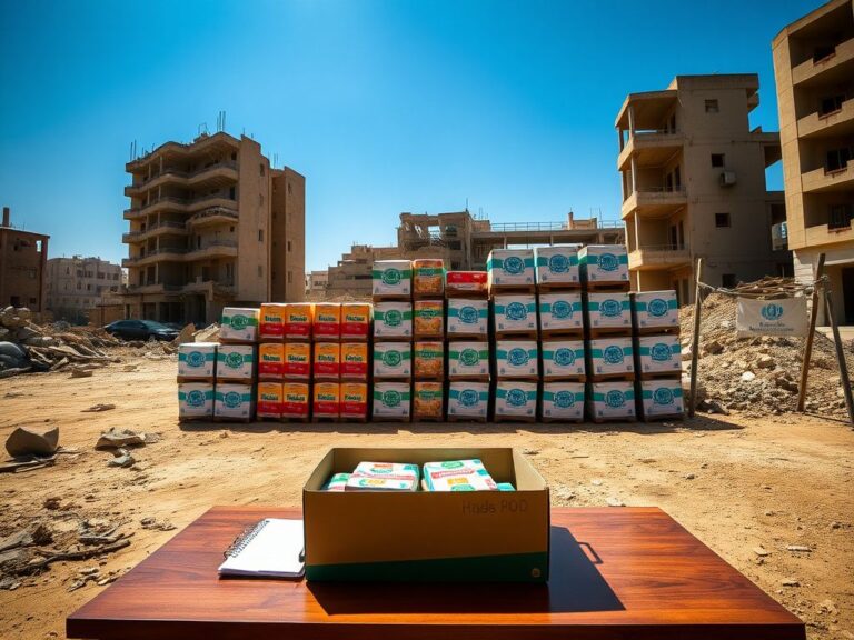 Flick International A food distribution center in Gaza showcasing stacked crates of vibrant humanitarian aid packages amidst damaged buildings