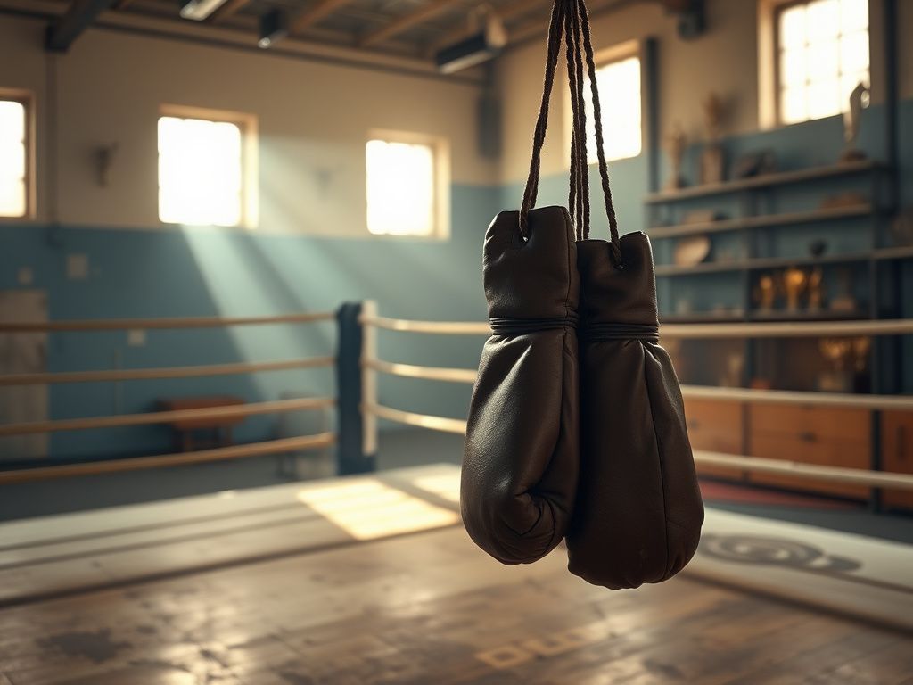 Flick International worn boxing gloves hanging from the ropes of a boxing ring