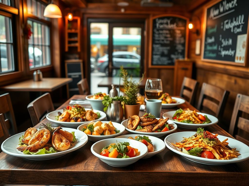 Flick International A cozy dining table with beautifully plated smaller portion entrees in a neighborhood restaurant.