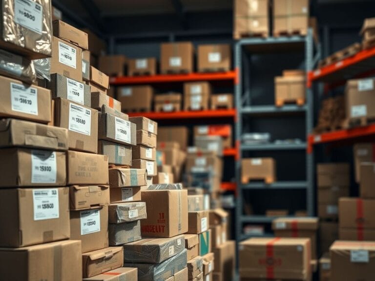Flick International Close-up of warehouse goods with international shipping labels