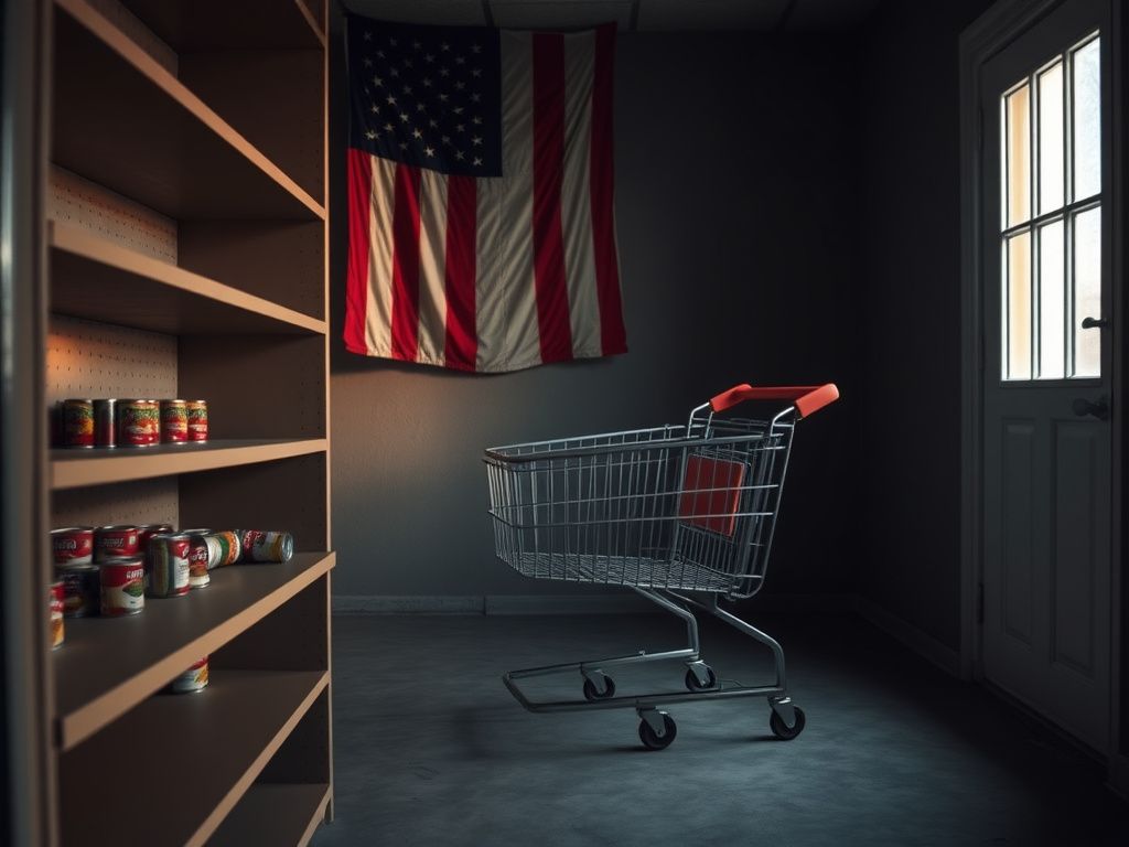 Flick International Close-up of an empty food pantry shelf with scattered expired canned goods and an American flag in the background