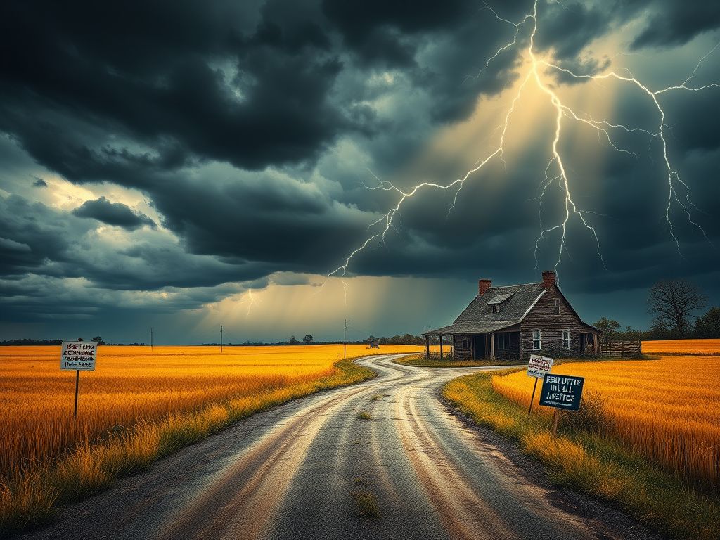 Flick International Abandoned farmhouse on a rural road under a stormy sky symbolizing economic despair