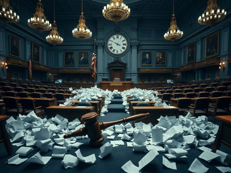 Flick International Chaotic legislative chamber with overturned gavel and scattered censure resolutions