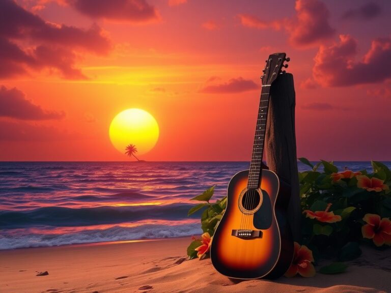 Flick International A serene Jamaican beach at sunset with a vintage guitar