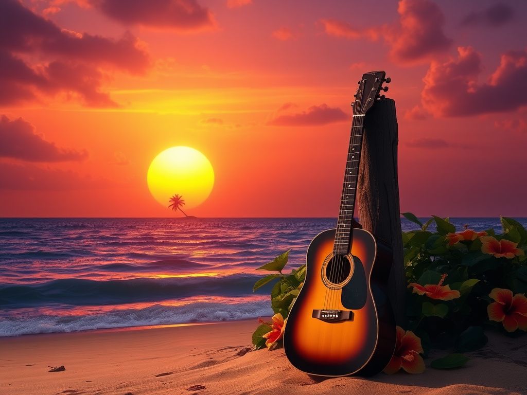 Flick International A serene Jamaican beach at sunset with a vintage guitar