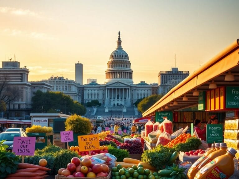 Flick International Bustling cityscape at dawn with U.S. Capitol building and vibrant market scene emphasizing economic vitality
