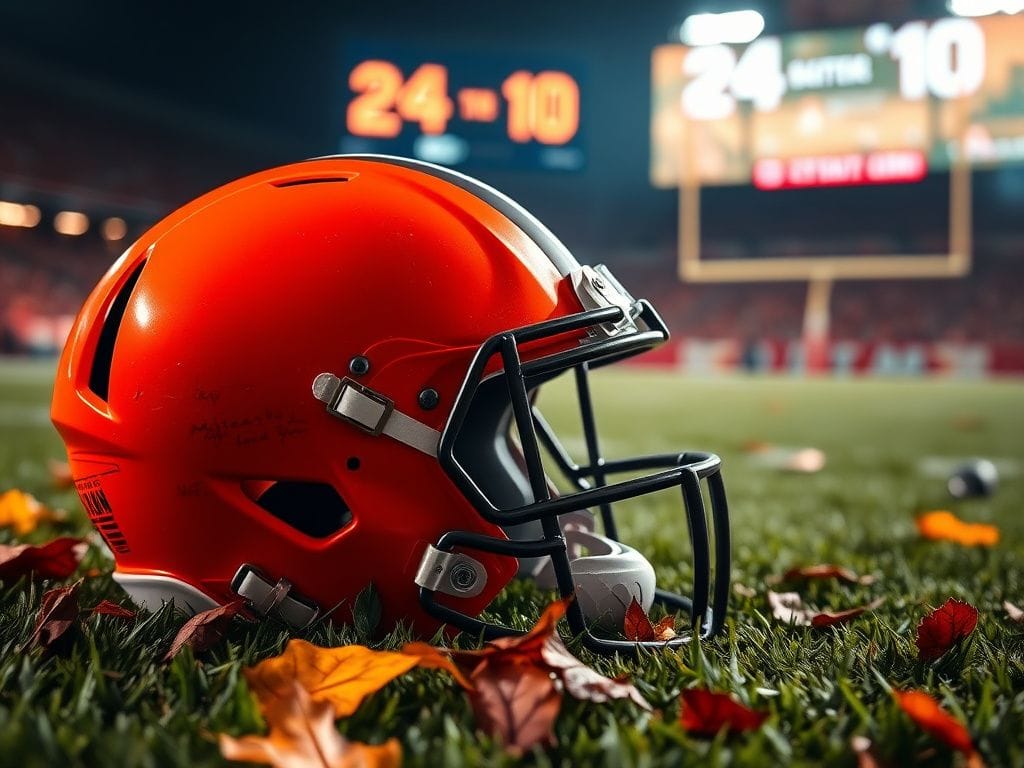 Flick International Close-up of a Cleveland Browns helmet on a grassy field with autumn leaves