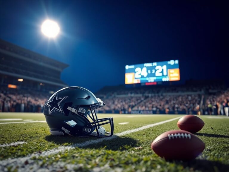 Flick International A glowing Dallas Cowboys helmet on the grass at night under stadium lights