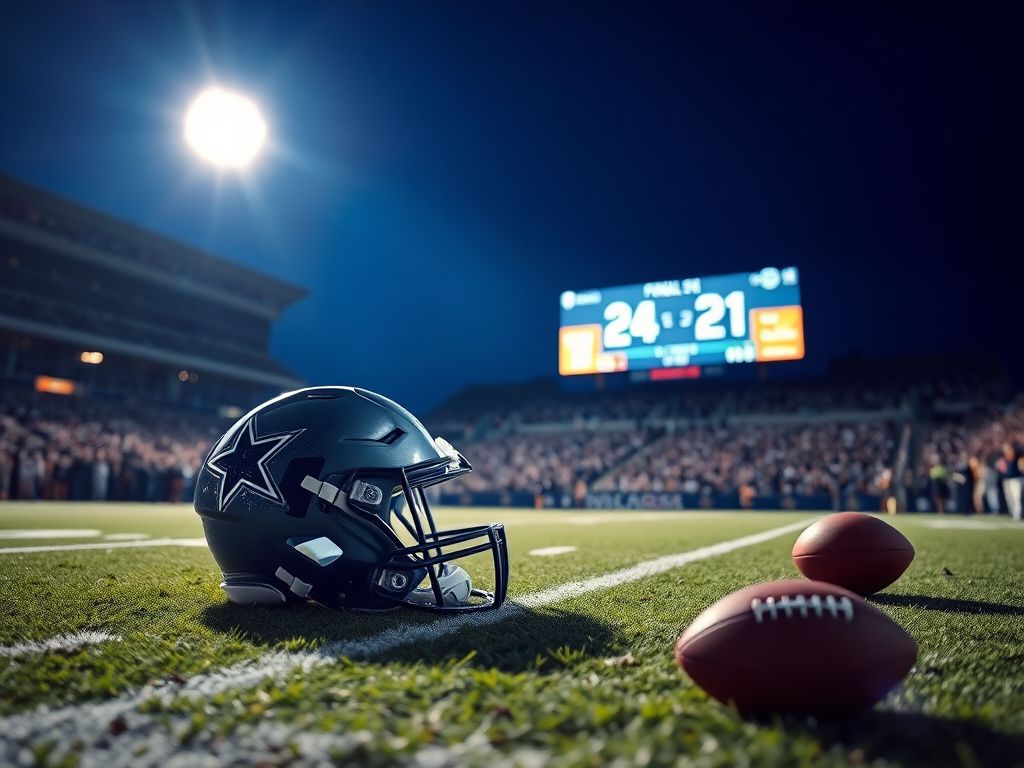 Flick International A glowing Dallas Cowboys helmet on the grass at night under stadium lights