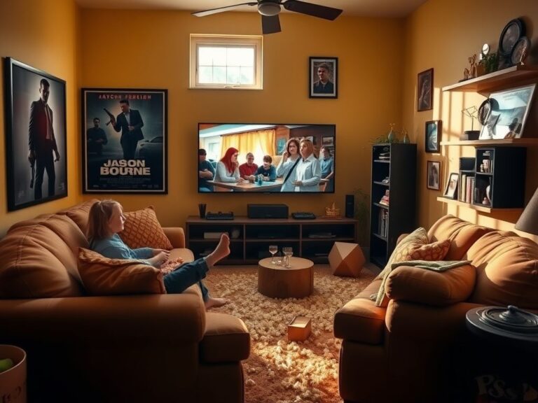 Flick International Cozy living room scene featuring a family movie night with a large sofa, popcorn, and framed action film posters