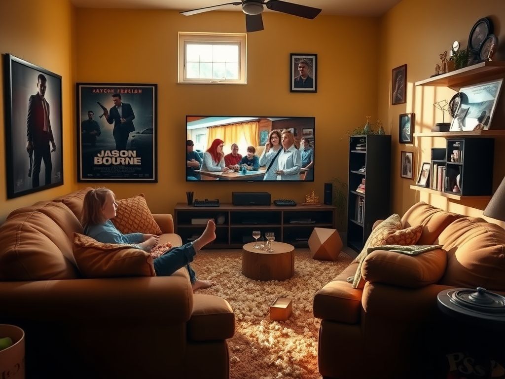 Flick International Cozy living room scene featuring a family movie night with a large sofa, popcorn, and framed action film posters