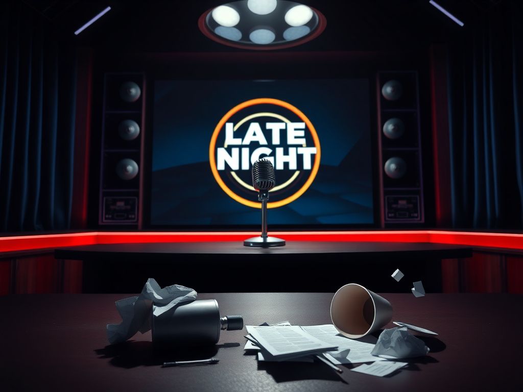 Flick International A stylized retro television studio set with an empty desk and an iconic microphone, symbolizing the tension of late-night talk shows