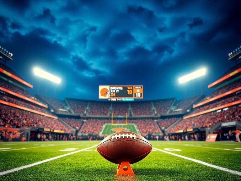 Flick International A dynamic football stadium scene showcasing a football on a tee at the 50-yard line of the Cleveland Browns' home field.