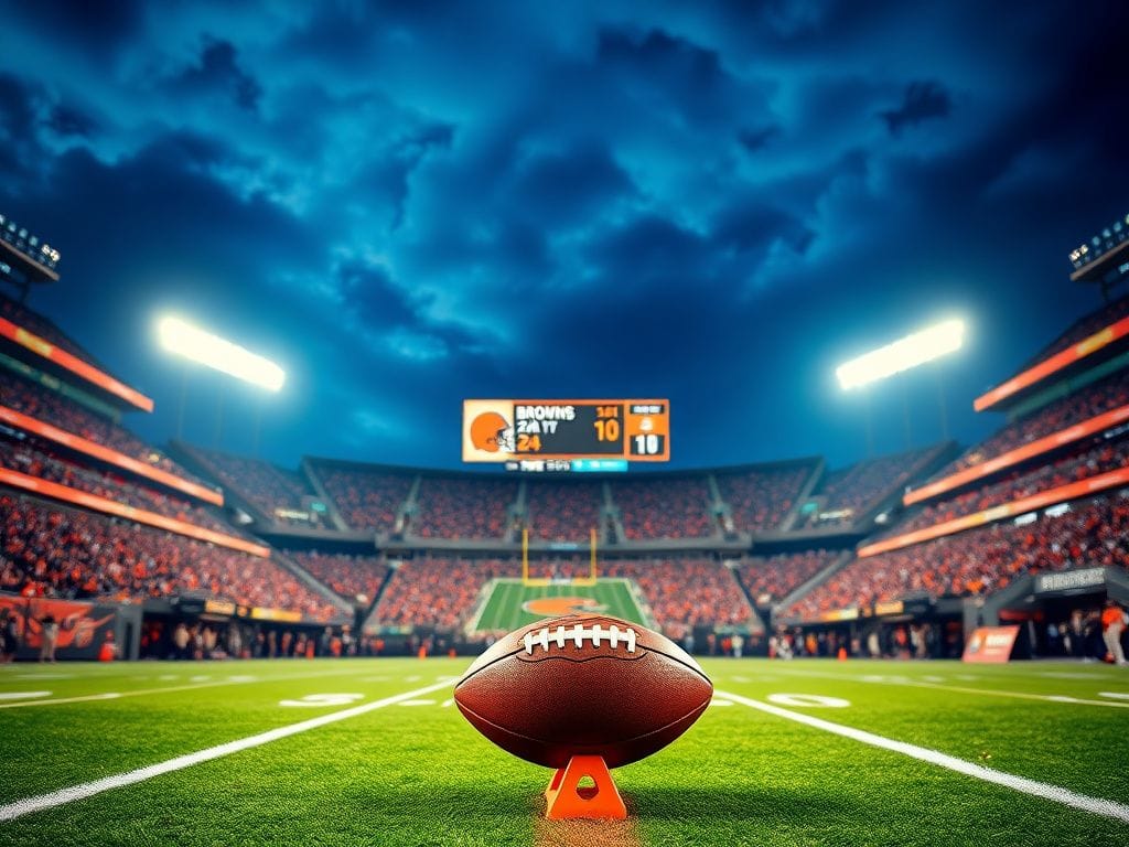 Flick International A dynamic football stadium scene showcasing a football on a tee at the 50-yard line of the Cleveland Browns' home field.