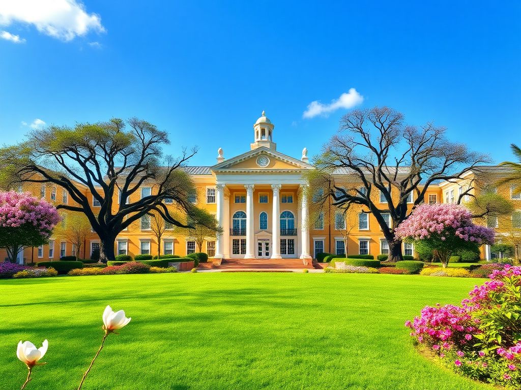 Flick International A vibrant Southern university campus scene with classic architecture and blossoming flowers