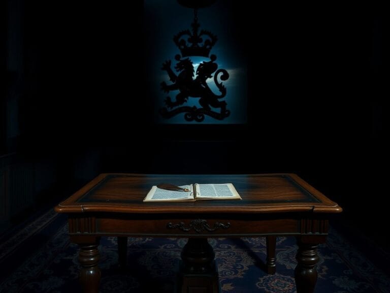 Flick International A dark room with a wooden table and legal documents related to Prince Andrew's testimony