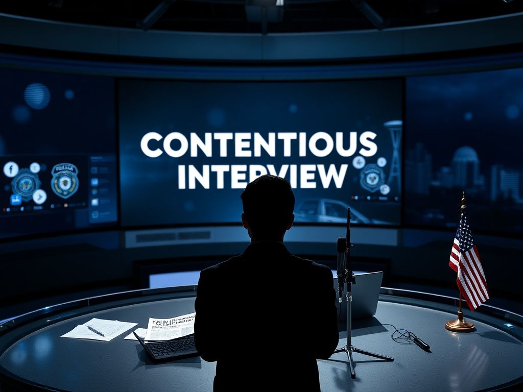 Flick International Dimly lit modern news studio with microphone and screen displaying 'Contentious Interview'