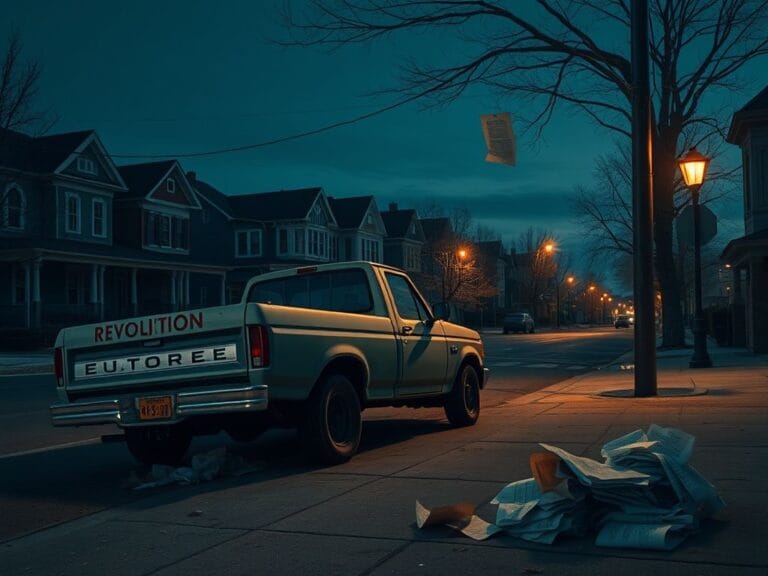 Flick International Abandoned pickup truck with a flat tire parked on a dimly lit urban street at twilight, symbolizing financial distress.