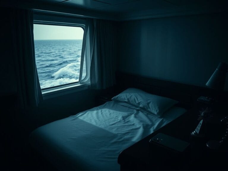 Flick International Dark and moody interior of a cruise ship cabin with a neatly made bed and turbulent ocean view