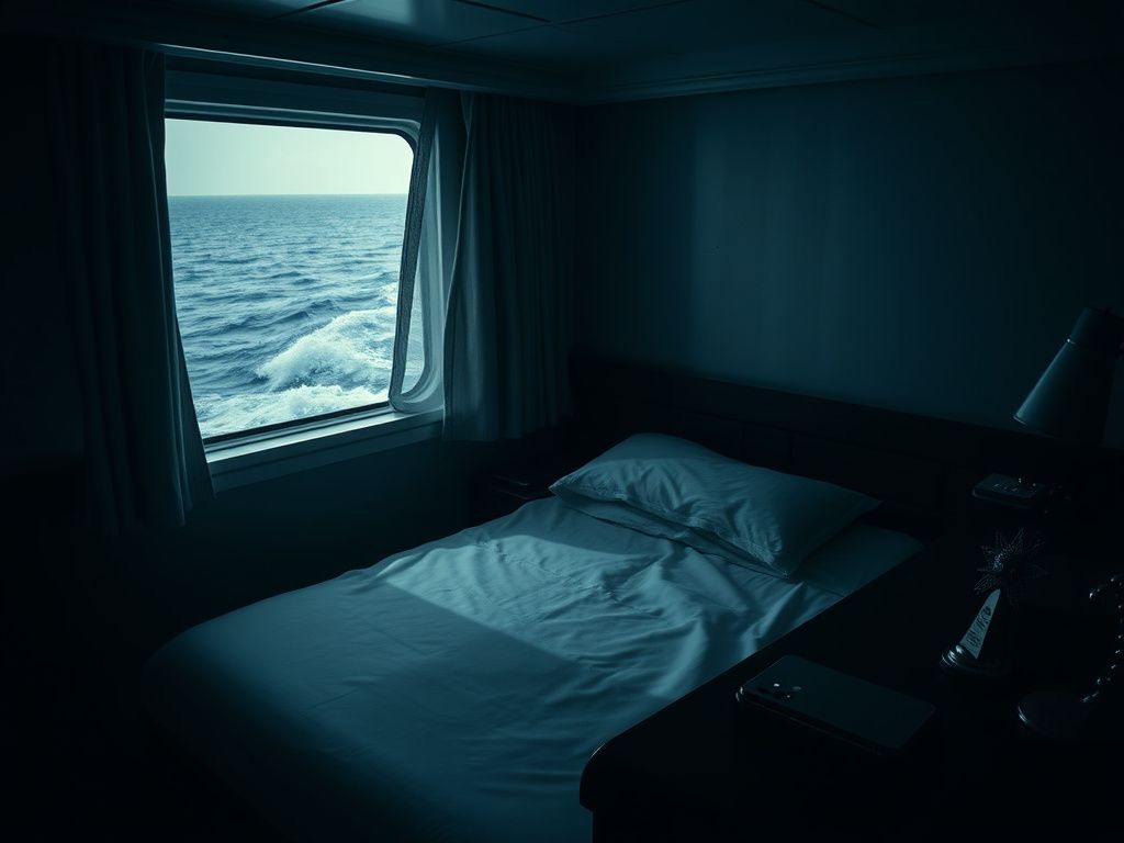 Flick International Dark and moody interior of a cruise ship cabin with a neatly made bed and turbulent ocean view