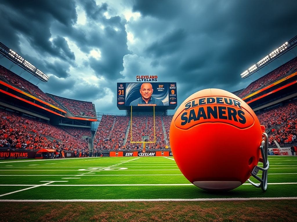 Flick International Dynamic football stadium scene showcasing the Cleveland Browns' colors with a football displaying Shedeur Sanders' name.