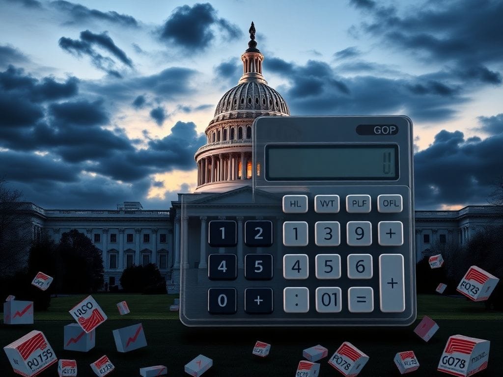 Flick International U.S. House of Representatives with a large calculator symbolizing political calculations amidst a dramatic twilight sky