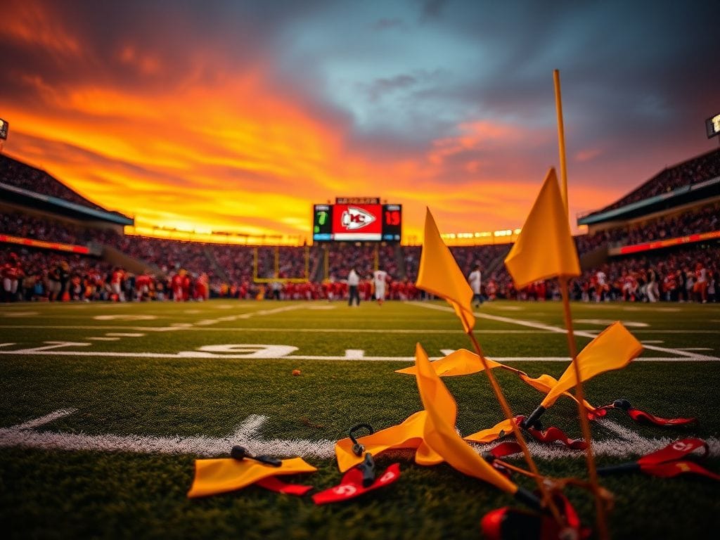 Flick International Dramatic moment in an NFL game with a blurred scoreboard and vibrant Chiefs uniforms