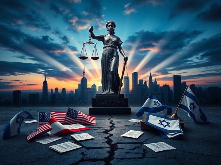 Flick International A symbolic representation of international law featuring a blindfolded Lady Justice in front of a New York City skyline