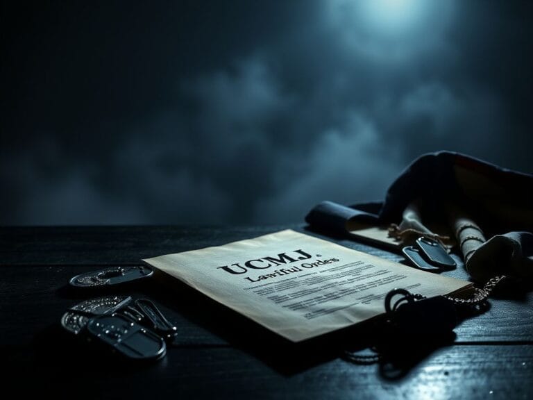 Flick International A weathered military document marked 'UCMJ' on a dark wooden table with military items and a shadowy military base in the background