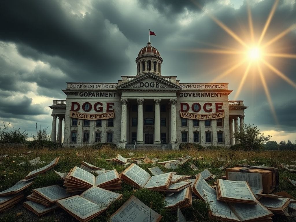 Flick International Large, abandoned government building symbolizing the shuttered DOGE office with overgrown weeds and faded banners.