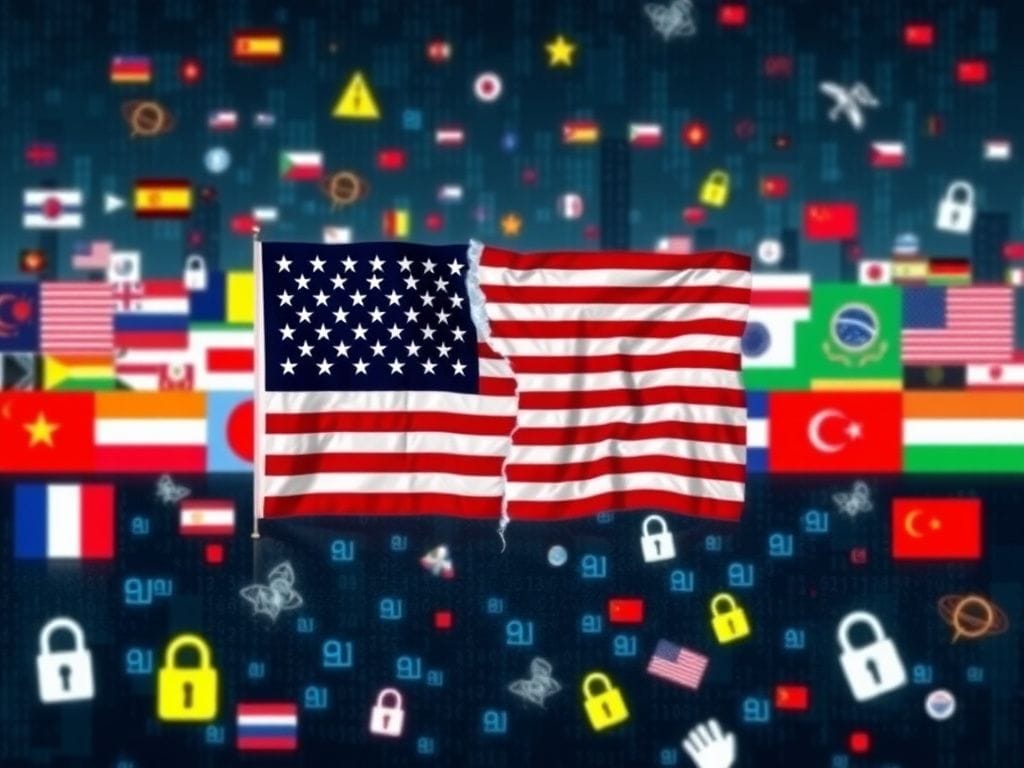 Flick International Abstract representation of computer codes and cracked American flag symbolizing foreign cyber warfare