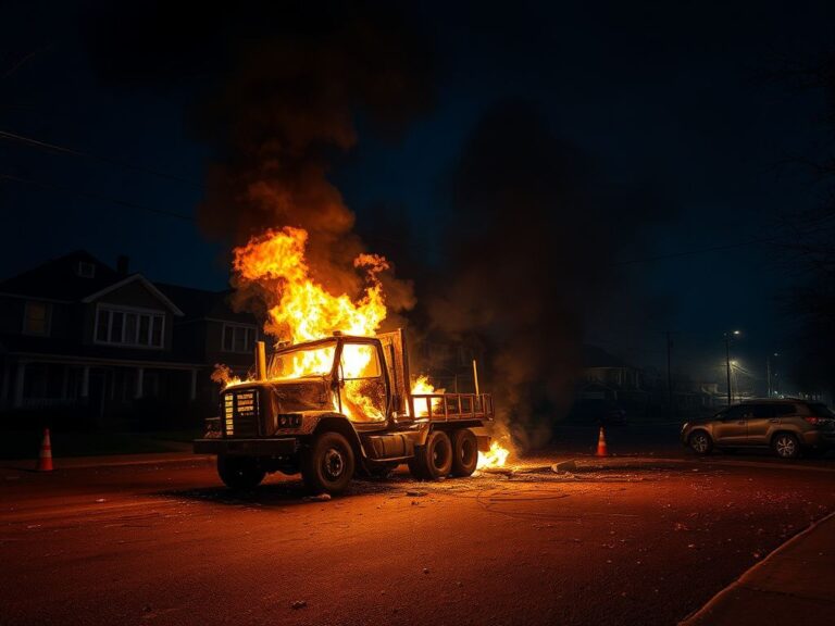 Flick International A smoldering truck engulfed in flames during a violent street takeover in Queens.