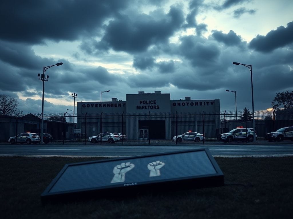 Flick International Government records facility with security presence and digital protest sign