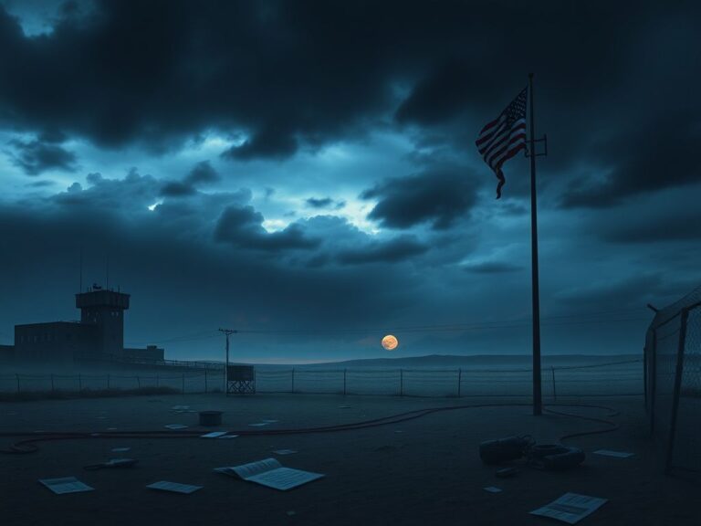 Flick International A dramatic military command center at dusk with barbed wire and a stormy sky