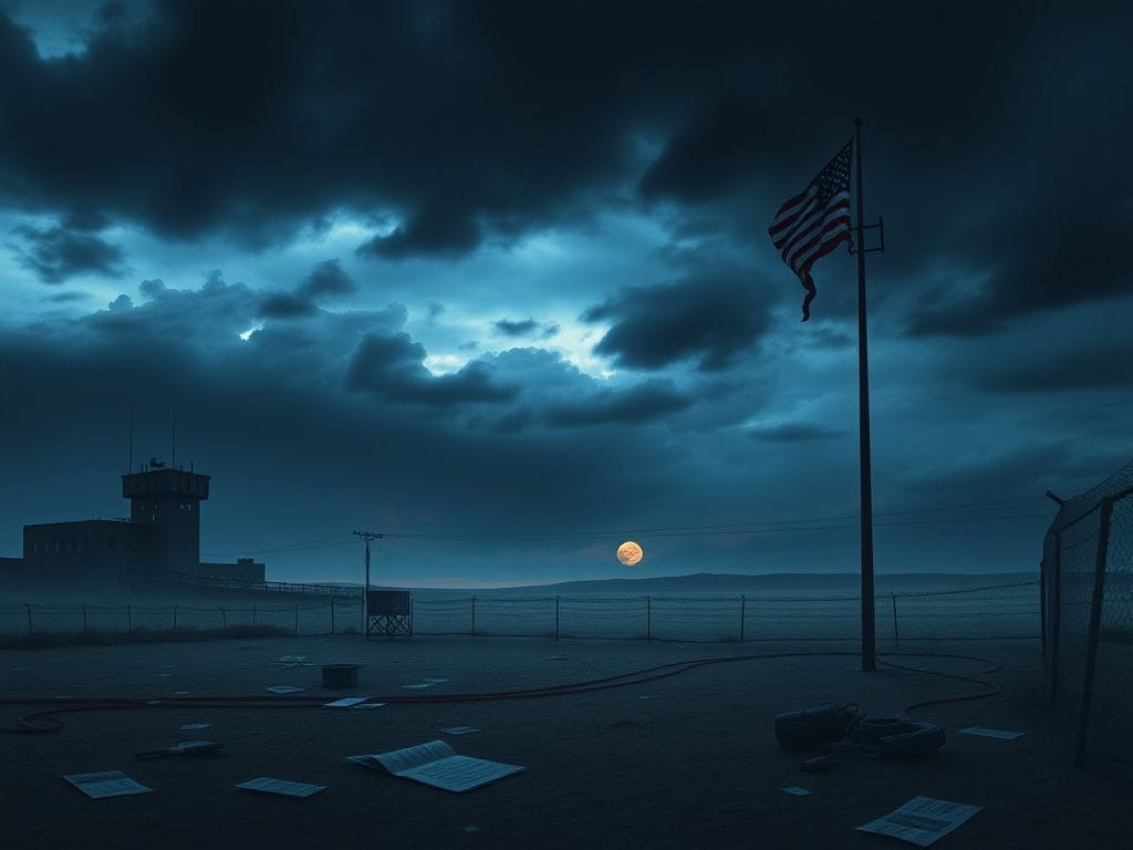 Flick International A dramatic military command center at dusk with barbed wire and a stormy sky