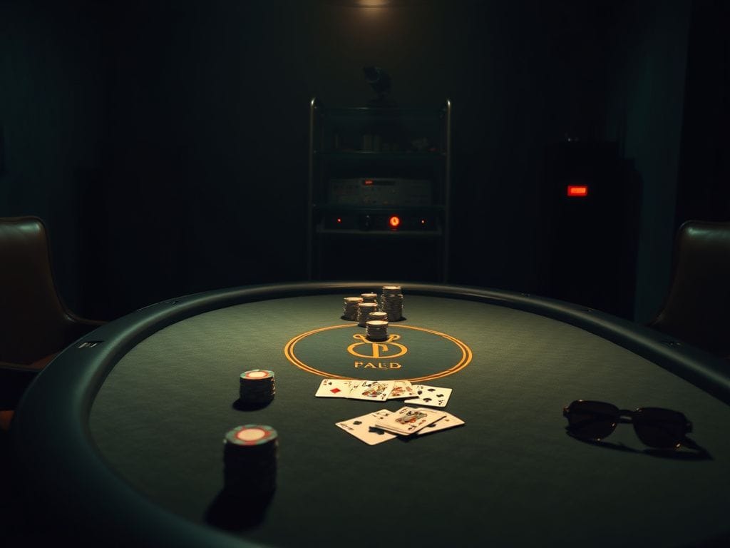 Flick International Dimly lit underground poker room with a central poker table and scattered cards