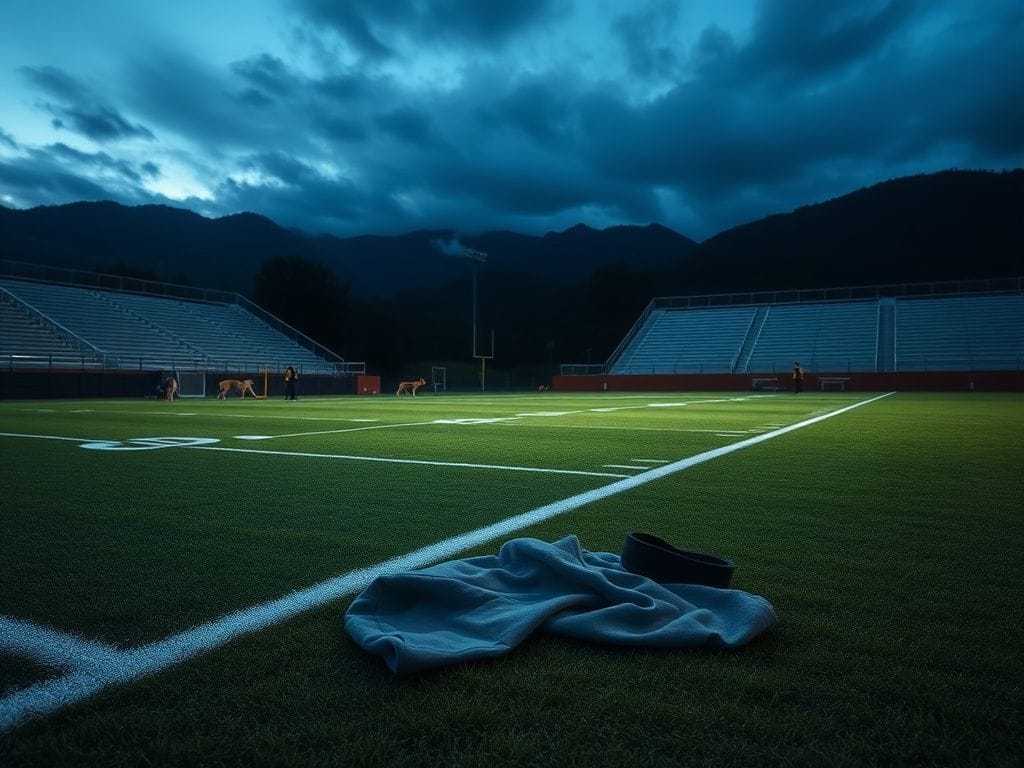Flick International Tranquil Virginia high school football field at dusk with abandoned sweatpants symbolizing missing coach