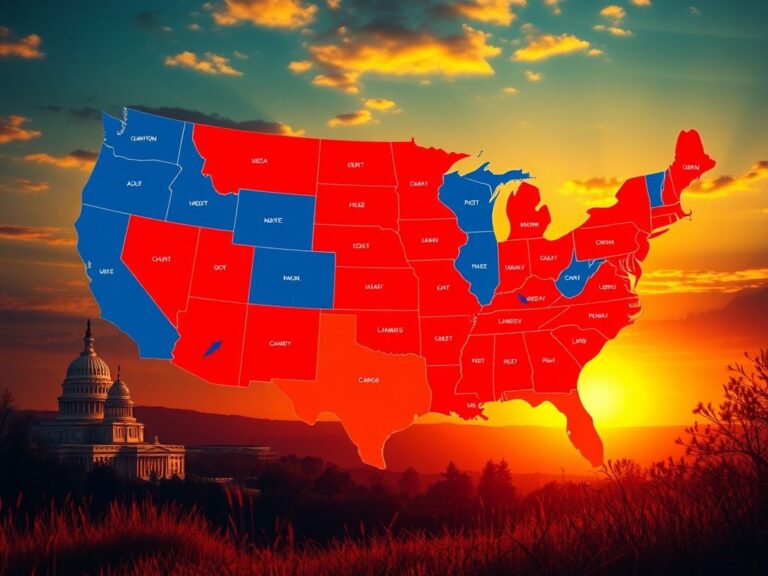 Flick International Large, stylized map of the United States showing congressional districts in red, blue, and yellow, symbolizing political campaigns.