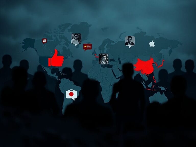 Flick International Dark abstract landscape symbolizing the online domain with digital icons representing foreign influence