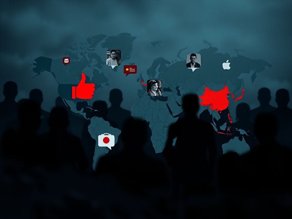 Flick International Dark abstract landscape symbolizing the online domain with digital icons representing foreign influence