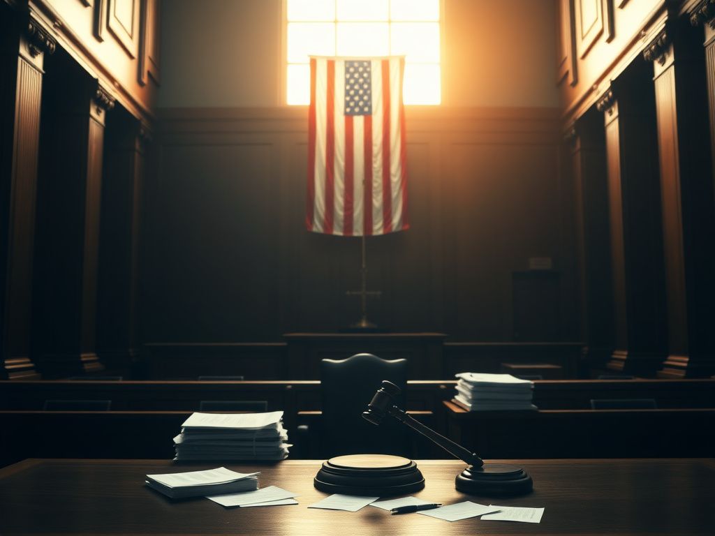 Flick International Empty courtroom with a judge's bench and gavel symbolizing legal authority