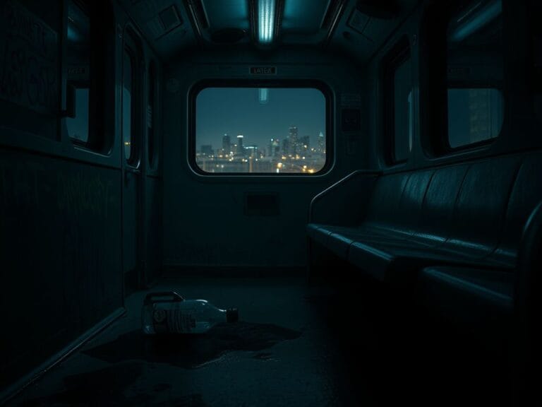 Flick International Dimly lit Chicago train car emphasizing urban decay and tension