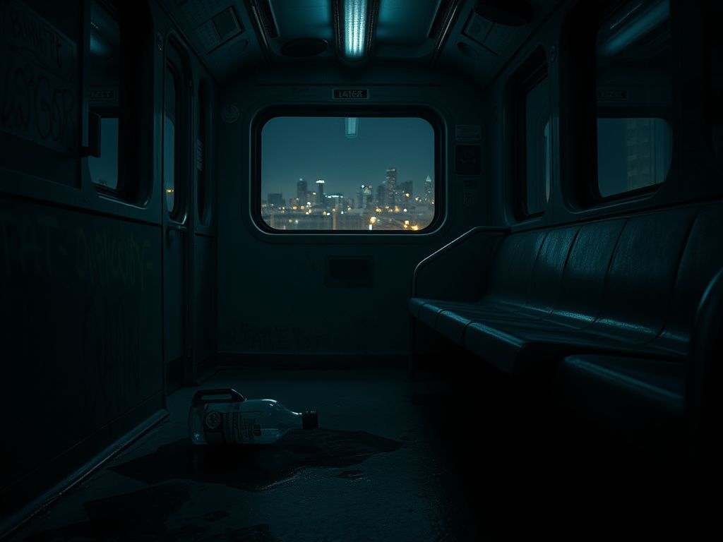 Flick International Dimly lit Chicago train car emphasizing urban decay and tension