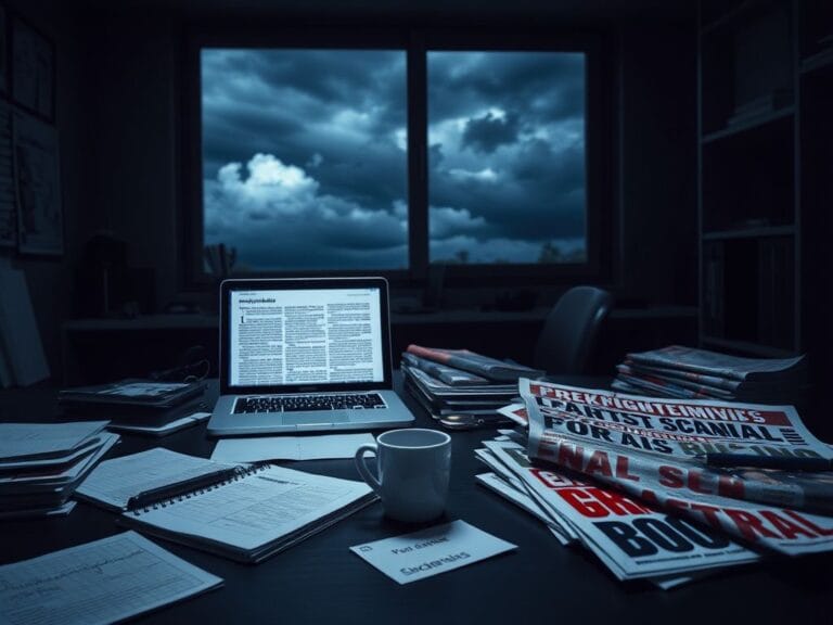 Flick International Dimly lit office space filled with journalism materials, reflecting the turmoil in the Olivia Nuzzi scandal.