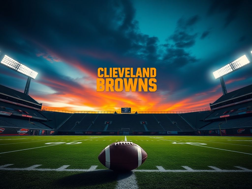 Flick International Empty football stadium illuminated under stadium lights with the Cleveland Browns logo on the field.